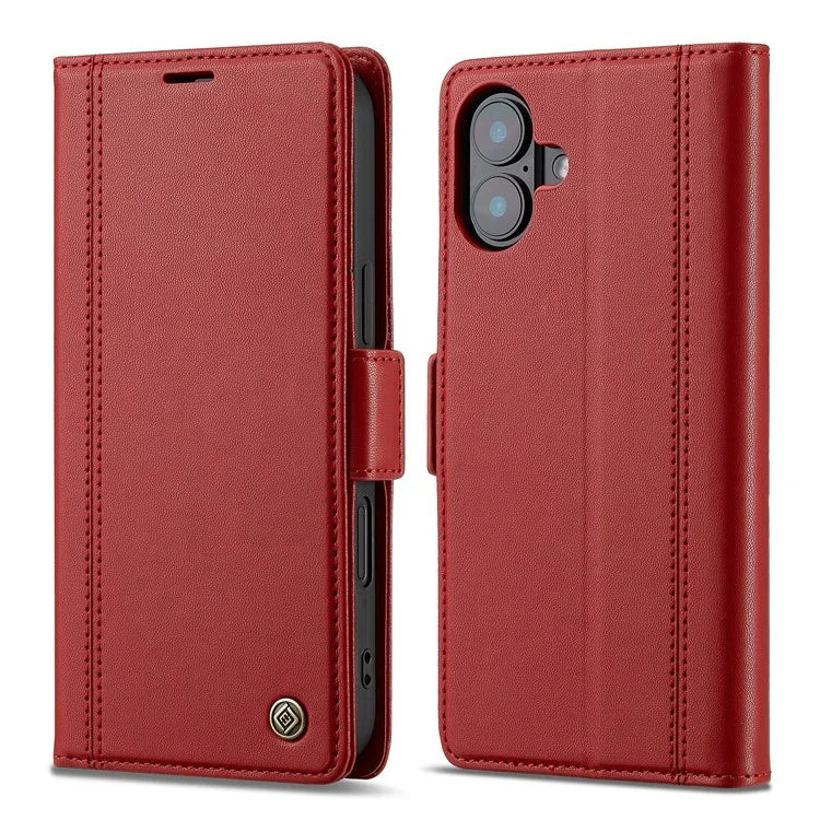 LC.IMEEKE For iPhone 16 Leather Case Imprint Lines Phone Cover Wallet Stand