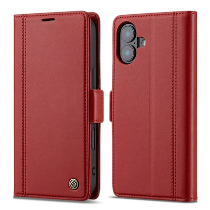 LC.IMEEKE For iPhone 16 Leather Case Imprint Lines Phone Cover Wallet Stand