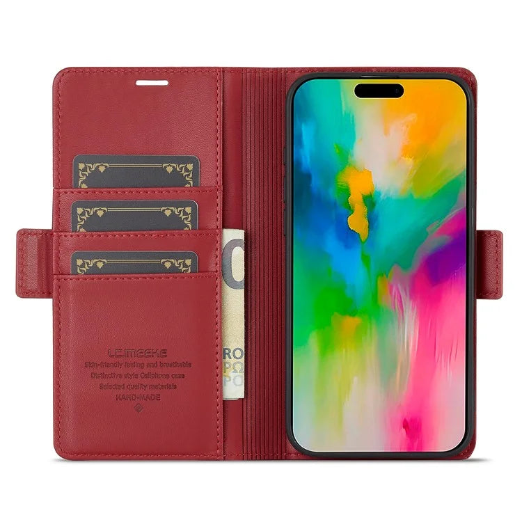 LC.IMEEKE For iPhone 16 Leather Case Imprint Lines Phone Cover Wallet Stand