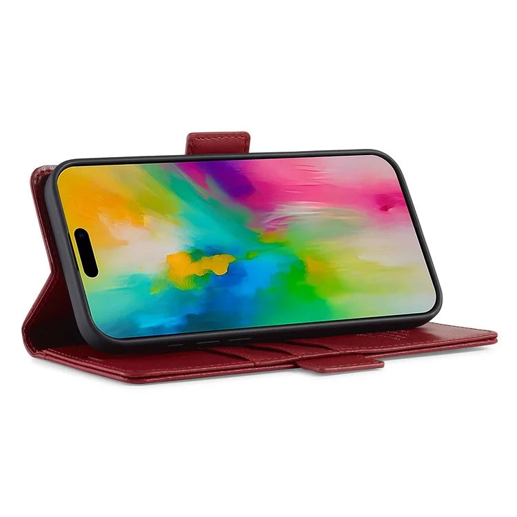 LC.IMEEKE For iPhone 16 Leather Case Imprint Lines Phone Cover Wallet Stand