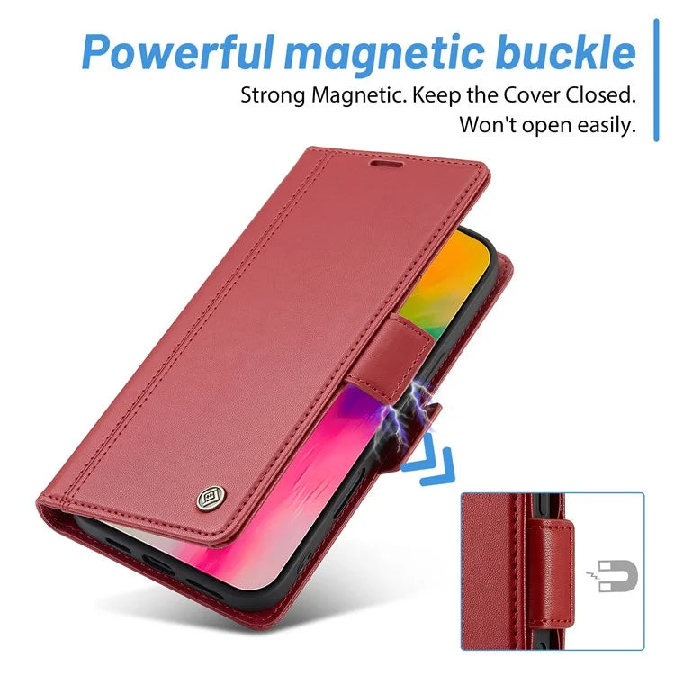 LC.IMEEKE For iPhone 16 Leather Case Imprint Lines Phone Cover Wallet Stand