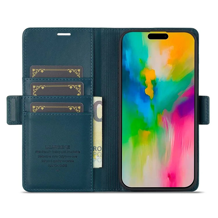 LC.IMEEKE For iPhone 16 Leather Case Imprint Lines Phone Cover Wallet Stand
