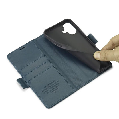 LC.IMEEKE For iPhone 16 Leather Case Imprint Lines Phone Cover Wallet Stand