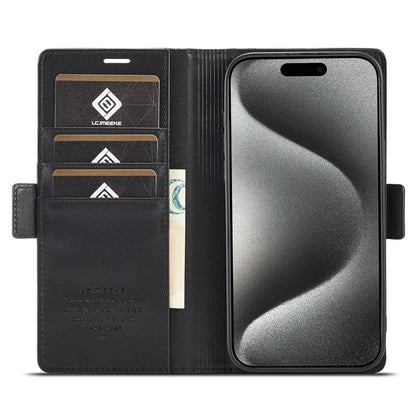 LC.IMEEKE For iPhone 16 Pro Max Leather Case Imprint Lines Phone Cover Wallet Stand