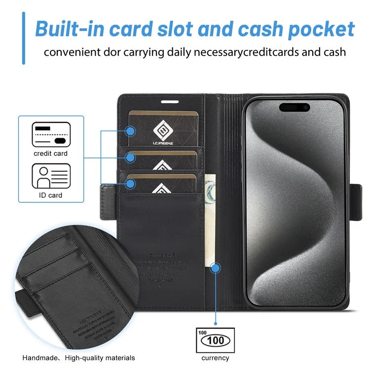 LC.IMEEKE For iPhone 16 Pro Max Leather Case Imprint Lines Phone Cover Wallet Stand