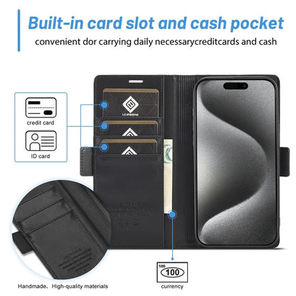 LC.IMEEKE For iPhone 16 Pro Max Leather Case Imprint Lines Phone Cover Wallet Stand
