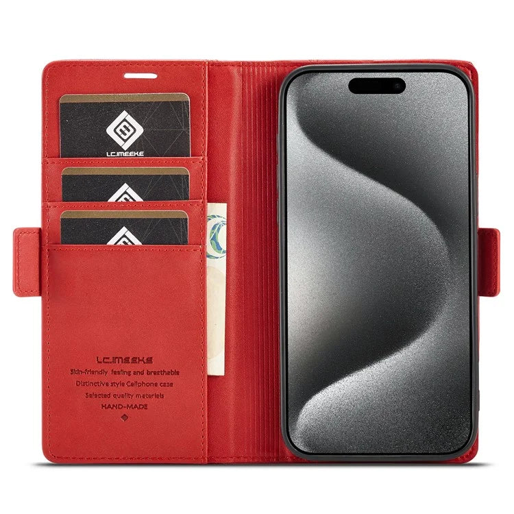 LC.IMEEKE For iPhone 16 Pro Max Leather Case Imprint Lines Phone Cover Wallet Stand