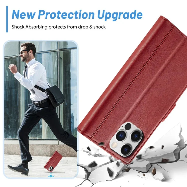 LC.IMEEKE For iPhone 16 Pro Max Leather Case Imprint Lines Phone Cover Wallet Stand