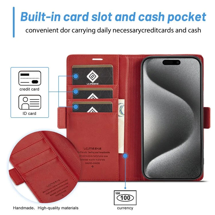 LC.IMEEKE For iPhone 16 Pro Max Leather Case Imprint Lines Phone Cover Wallet Stand