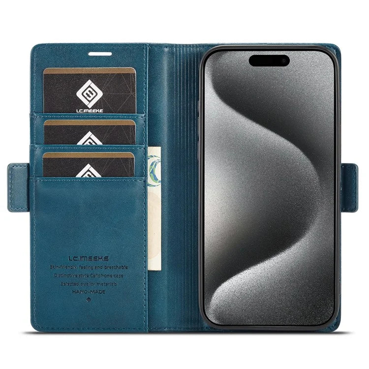 LC.IMEEKE For iPhone 16 Pro Max Leather Case Imprint Lines Phone Cover Wallet Stand