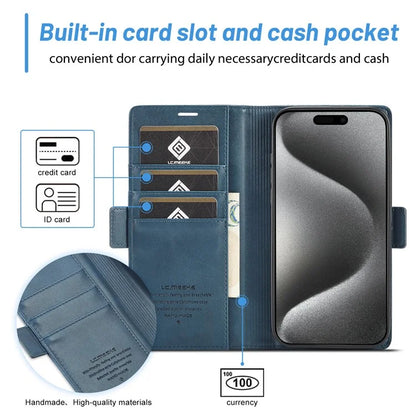 LC.IMEEKE For iPhone 16 Pro Max Leather Case Imprint Lines Phone Cover Wallet Stand