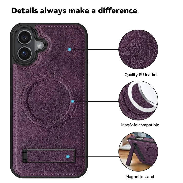 For iPhone 16 Magnetic Case Leather Kickstand Phone Cover Compatible with MagSafe