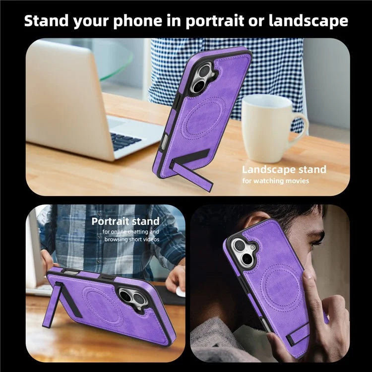 For iPhone 16 Magnetic Case Leather Kickstand Phone Cover Compatible with MagSafe