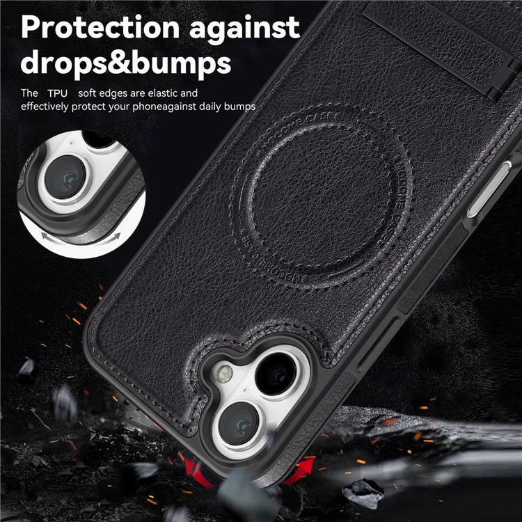 For iPhone 16 Magnetic Case Leather Kickstand Phone Cover Compatible with MagSafe