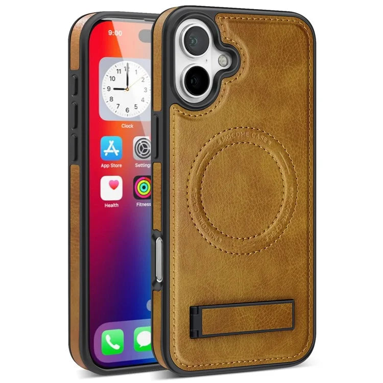 For iPhone 16 Magnetic Case Leather Kickstand Phone Cover Compatible with MagSafe