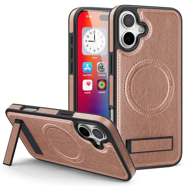 For iPhone 16 Plus Magnetic Case Leather Kickstand Phone Cover Compatible with MagSafe
