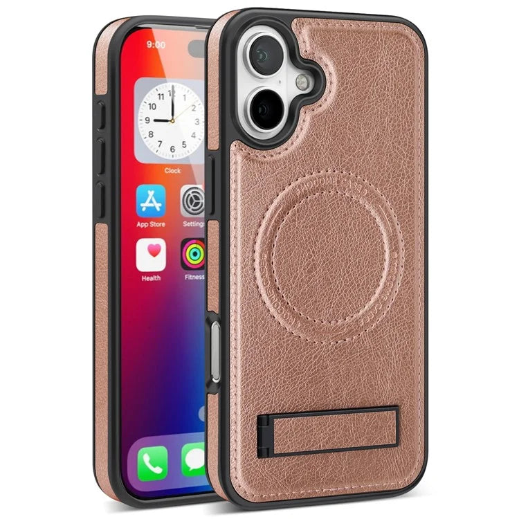 For iPhone 16 Plus Magnetic Case Leather Kickstand Phone Cover Compatible with MagSafe