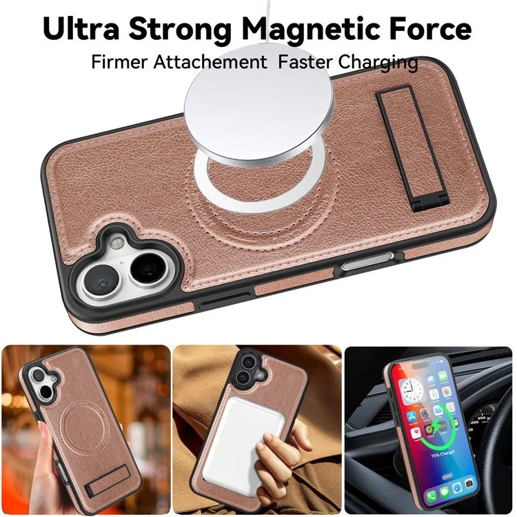 For iPhone 16 Plus Magnetic Case Leather Kickstand Phone Cover Compatible with MagSafe