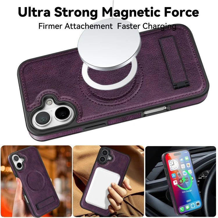 For iPhone 16 Plus Magnetic Case Leather Kickstand Phone Cover Compatible with MagSafe