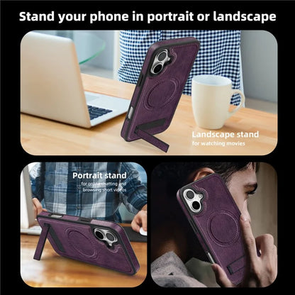 For iPhone 16 Plus Magnetic Case Leather Kickstand Phone Cover Compatible with MagSafe