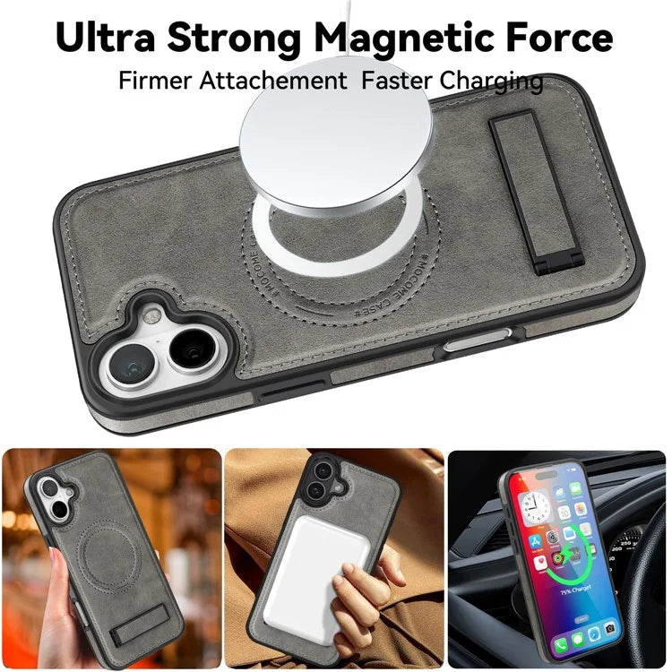 For iPhone 16 Plus Magnetic Case Leather Kickstand Phone Cover Compatible with MagSafe