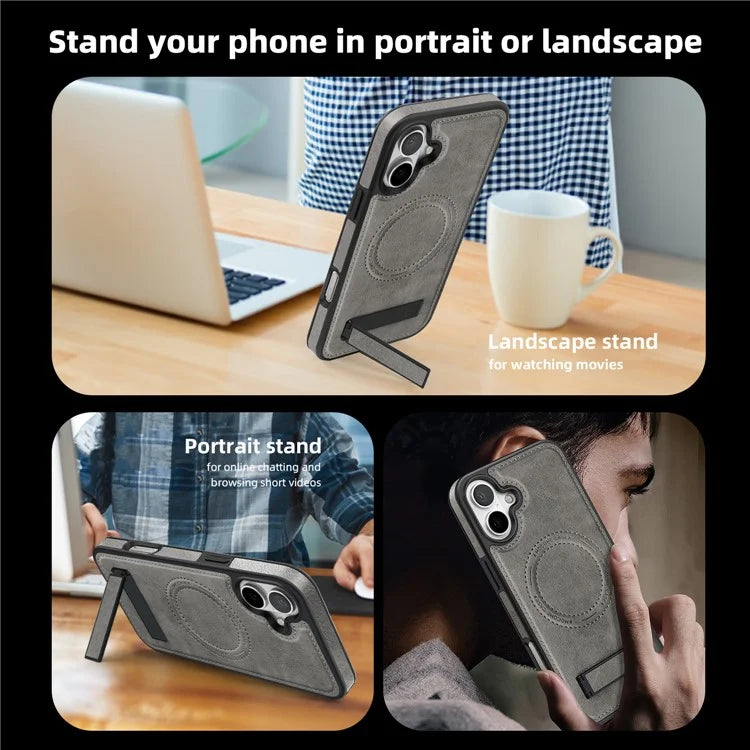 For iPhone 16 Plus Magnetic Case Leather Kickstand Phone Cover Compatible with MagSafe