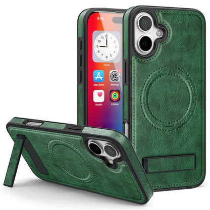 For iPhone 16 Plus Magnetic Case Leather Kickstand Phone Cover Compatible with MagSafe