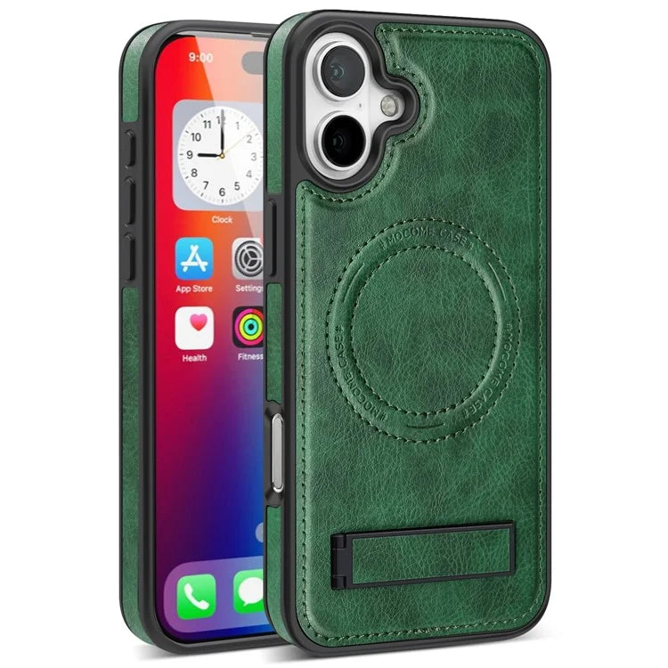 For iPhone 16 Plus Magnetic Case Leather Kickstand Phone Cover Compatible with MagSafe