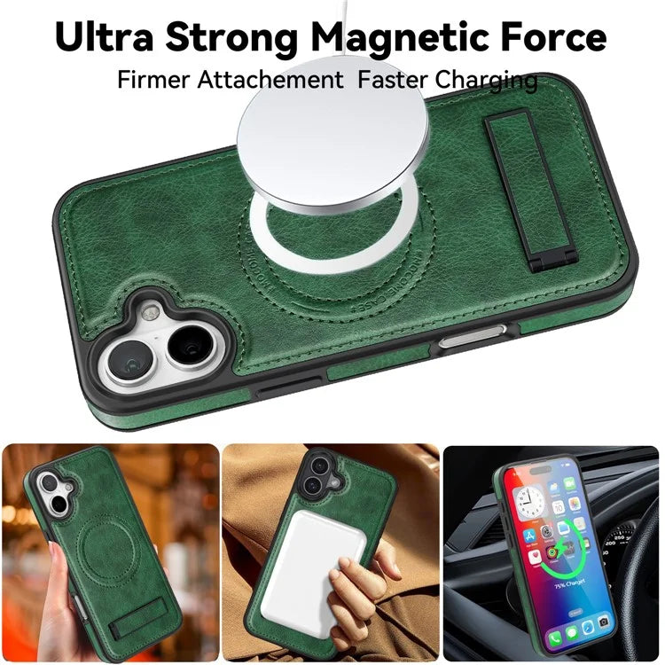 For iPhone 16 Plus Magnetic Case Leather Kickstand Phone Cover Compatible with MagSafe