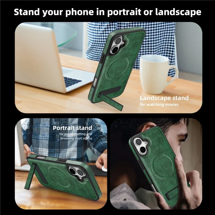 For iPhone 16 Plus Magnetic Case Leather Kickstand Phone Cover Compatible with MagSafe
