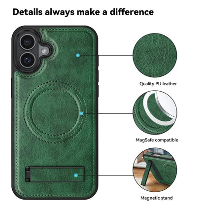 For iPhone 16 Plus Magnetic Case Leather Kickstand Phone Cover Compatible with MagSafe