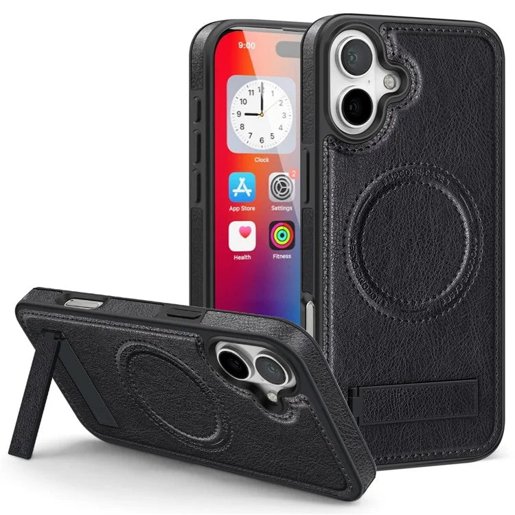 For iPhone 16 Plus Magnetic Case Leather Kickstand Phone Cover Compatible with MagSafe