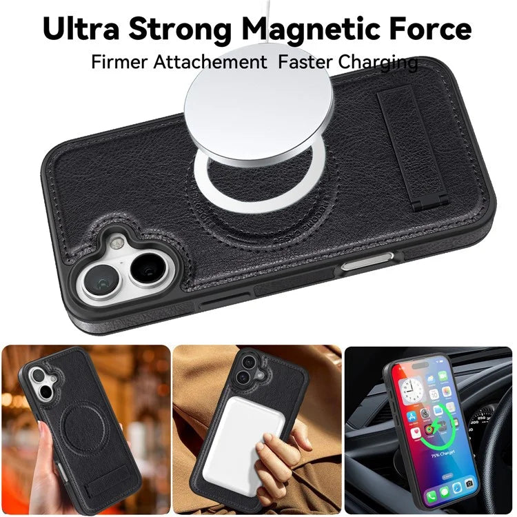 For iPhone 16 Plus Magnetic Case Leather Kickstand Phone Cover Compatible with MagSafe