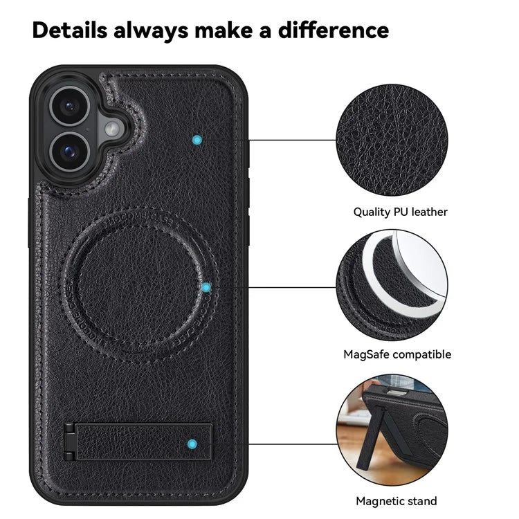 For iPhone 16 Plus Magnetic Case Leather Kickstand Phone Cover Compatible with MagSafe