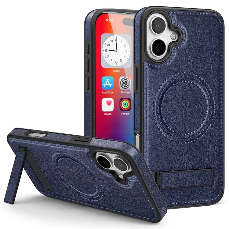 For iPhone 16 Plus Magnetic Case Leather Kickstand Phone Cover Compatible with MagSafe