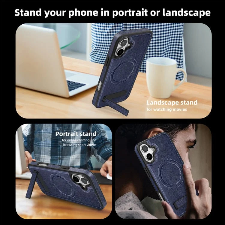 For iPhone 16 Plus Magnetic Case Leather Kickstand Phone Cover Compatible with MagSafe