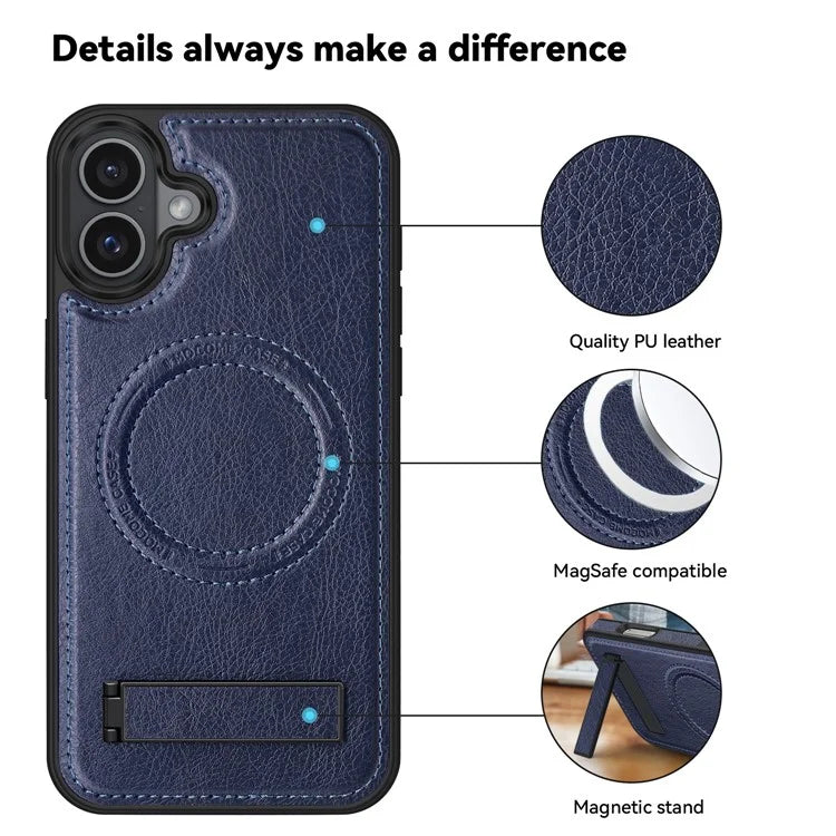 For iPhone 16 Plus Magnetic Case Leather Kickstand Phone Cover Compatible with MagSafe