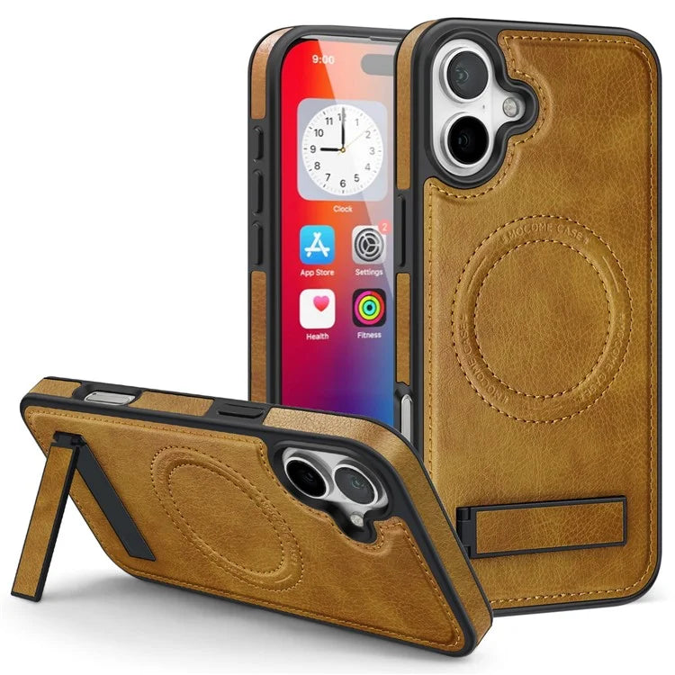 For iPhone 16 Plus Magnetic Case Leather Kickstand Phone Cover Compatible with MagSafe