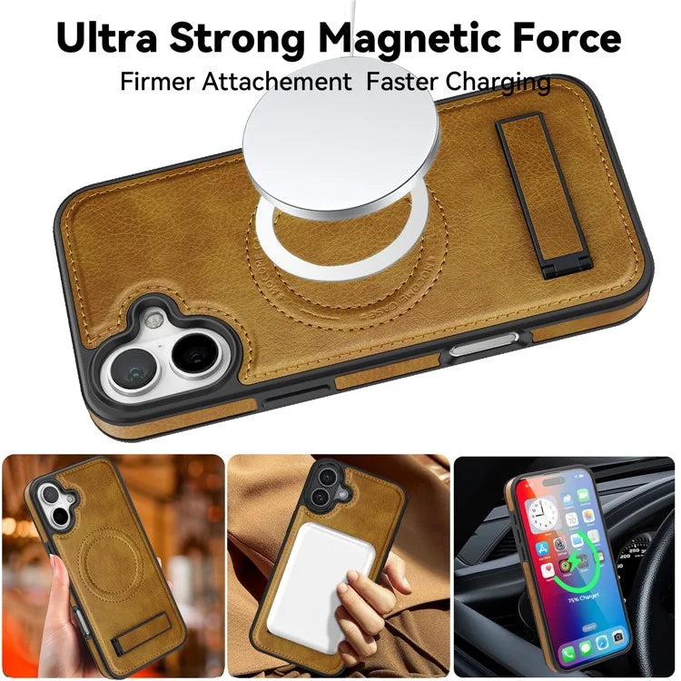For iPhone 16 Plus Magnetic Case Leather Kickstand Phone Cover Compatible with MagSafe