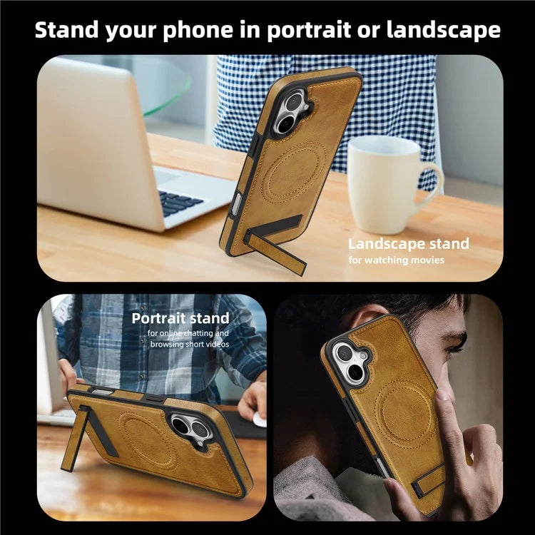 For iPhone 16 Plus Magnetic Case Leather Kickstand Phone Cover Compatible with MagSafe