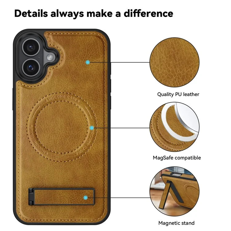 For iPhone 16 Plus Magnetic Case Leather Kickstand Phone Cover Compatible with MagSafe