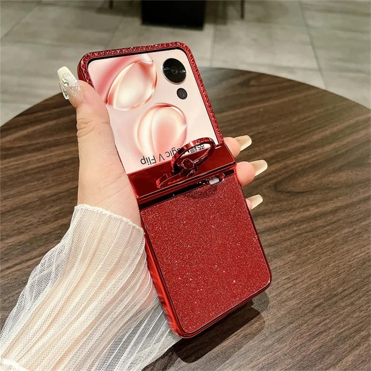 For Honor Magic V Flip 5G Case Sparkling Glitter Ring Holder Hinge PC Phone Cover