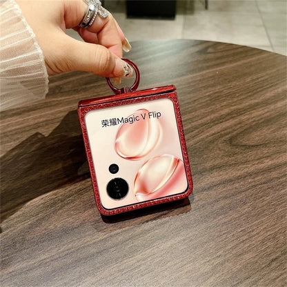 For Honor Magic V Flip 5G Case Sparkling Glitter Ring Holder Hinge PC Phone Cover
