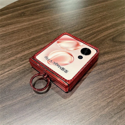 For Honor Magic V Flip 5G Case Sparkling Glitter Ring Holder Hinge PC Phone Cover