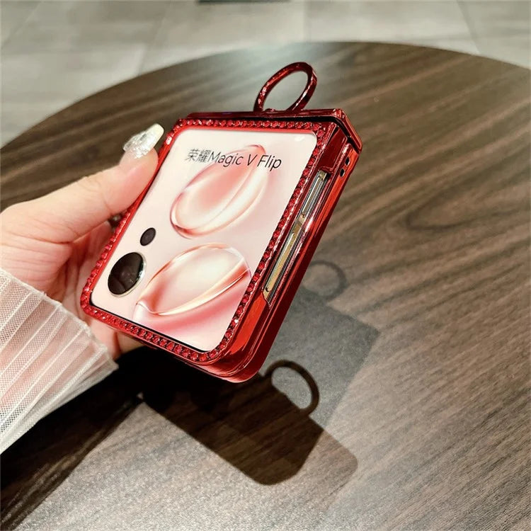 For Honor Magic V Flip 5G Case Sparkling Glitter Ring Holder Hinge PC Phone Cover