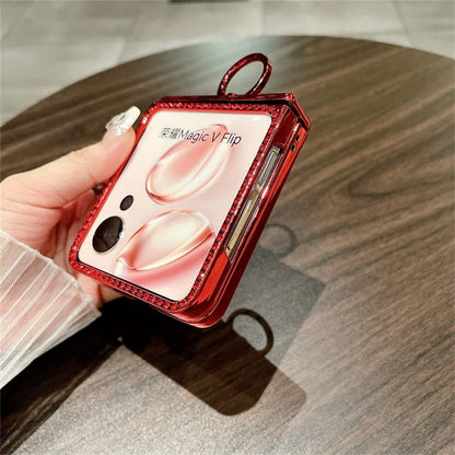 For Honor Magic V Flip 5G Case Sparkling Glitter Ring Holder Hinge PC Phone Cover