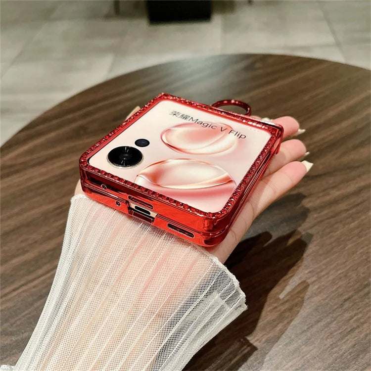 For Honor Magic V Flip 5G Case Sparkling Glitter Ring Holder Hinge PC Phone Cover