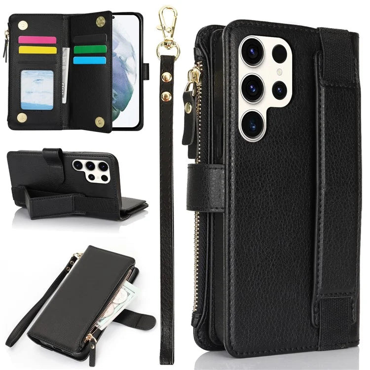 XL-001 For Samsung Galaxy S23 Ultra Case Zipper Pocket Wristband Stand Leather Phone Cover