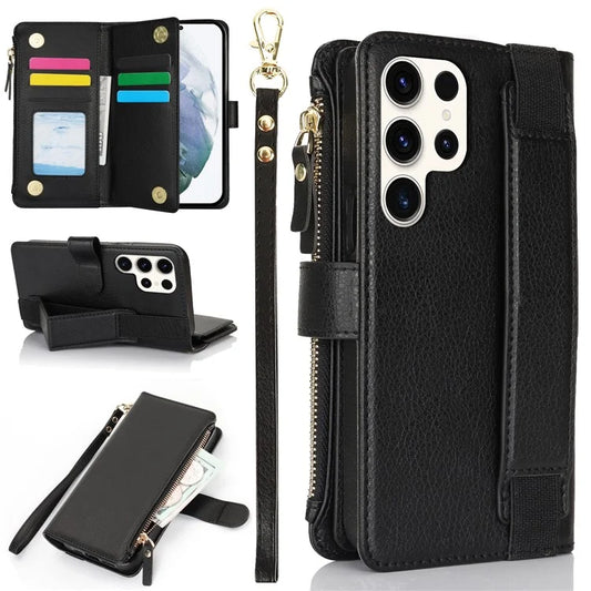 XL-001 For Samsung Galaxy S23 Ultra Case Zipper Pocket Wristband Stand Leather Phone Cover