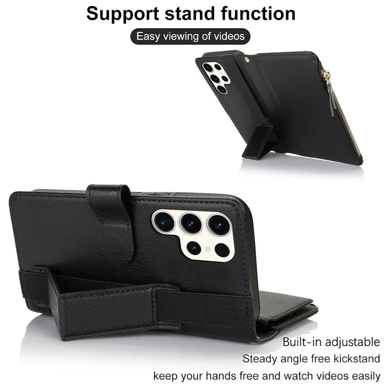 XL-001 For Samsung Galaxy S23 Ultra Case Zipper Pocket Wristband Stand Leather Phone Cover